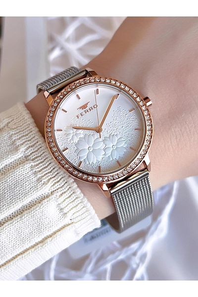 FERRO Silver/Rose Anti-Tarnish Color-Tossing 3 Atm Special Design Women's Wristwatch with Straw Cord BFL2124CWT-E