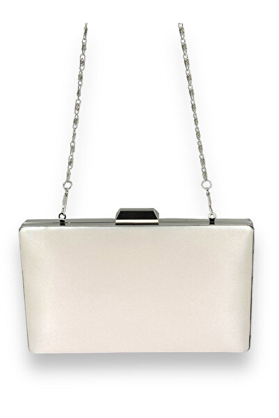 Biçanta Geanta de satin de culoare ecru sidef Geanta de rochie de seara Geanta de rochie de seara de logodna de nunta cu lant cu carcasa argintie