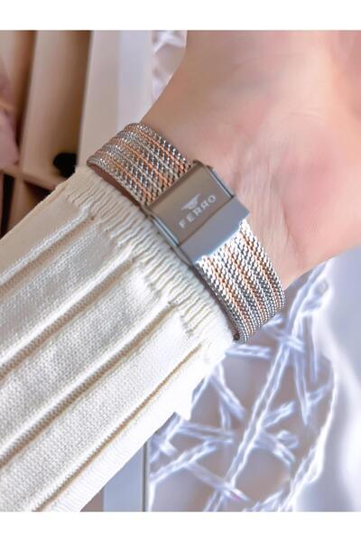 FERRO ساعة يد نسائية بتصميم خاص باللون الفضي/الوردي مقاومة للتشويه 3 ATM مع حبل من القش BF21155CWT-E