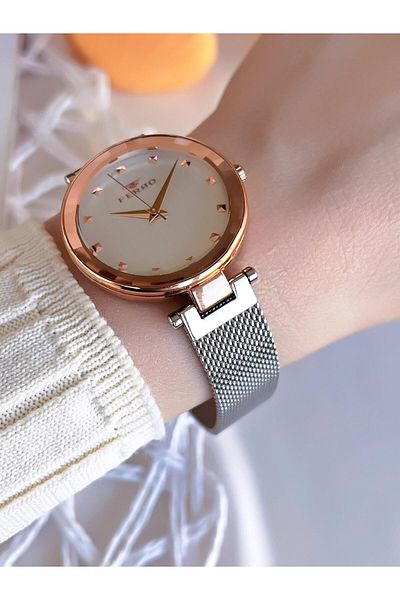 FERRO Silver/Rose Anti-Tarnish Color-Free 3 Atm Special Design Women's Wristwatch with Straw Cord B8C4012FE