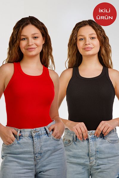 VAN LEEUWEN Women's 2-Pack Halter Collar Ribbed Lycra Knitted T-shirt Athlete
