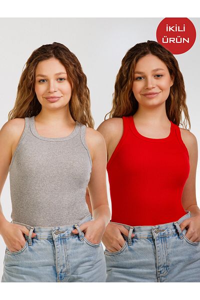 VAN LEEUWEN Women's 2-Pack Halter Collar Ribbed Lycra Knitted T-shirt Athlete