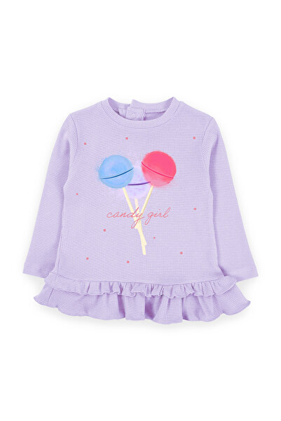Bubuga Kız Çocuk %100 Pamuk Waffle Kumaş Lila Renk Candy Baskılı Elbise