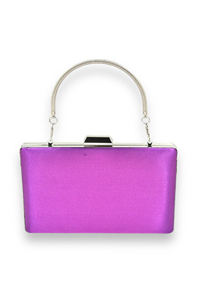 Biçanta Geantă elegantă din satin mov, cu carcasă argintie și pietre argintii, pentru seară, nuntă sau logodnă.