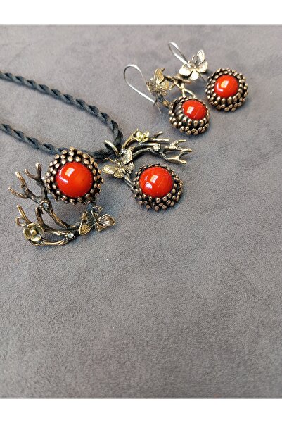 Gümüşhanesi Mercan taşlı otantik gümüş set takım