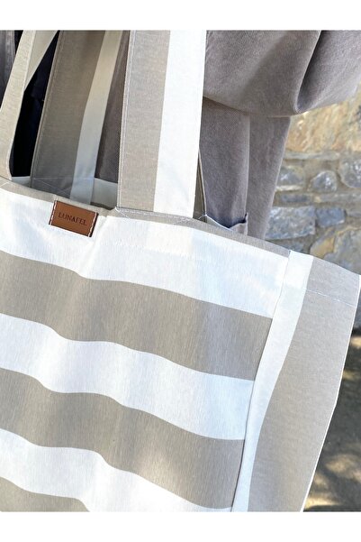 LUNAFEL Μπεζ-Λευκή ριγέ τσάντα χειρός και τσάντα ώμου - Αδιάβροχη λινό υφασμάτινη τσάντα