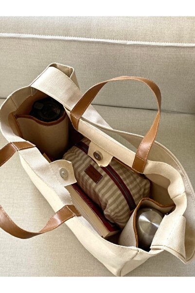 LUNAFEL Ecru Organizer Waxed Canvas Bag με εσωτερική τσέπη - Μεσαίο μέγεθος