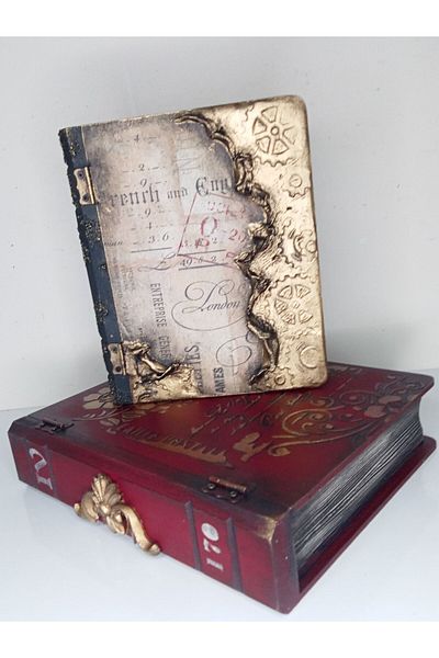 IremTasarimAtolyesi Home Decoration Varak Detail Wooden Book Box Set 2-Piece Organizer