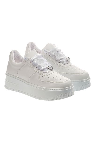 Ayakkabı Tutkusu Stilo ® Pantofi de damă cu piele albă, panglică și inimă din satin alb