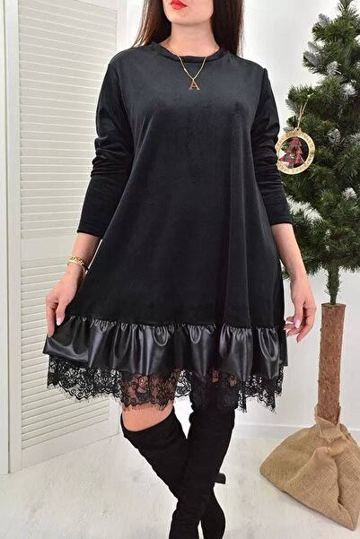 Moka Shopin Μίνι μακρυμάνικο φόρεμα με λαιμόκοψη και δερμάτινη τούλινη λεπτομέρεια - δύο κλωστές