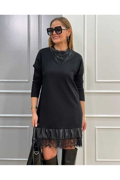 Moka Shopin Μίνι μακρυμάνικο φόρεμα με λαιμόκοψη και δερμάτινη τούλινη λεπτομέρεια - δύο κλωστές