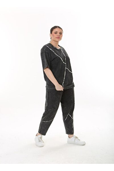 vividbutik Plus Size Cotton Washed 2-Piece Blouse Pants Set