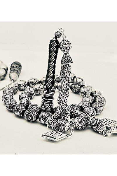 ejder Gümüş İşlemeli Kuka Tesbih 9x11 mm Beyzi Kesim Piramit Modeli Gümüş Püskül