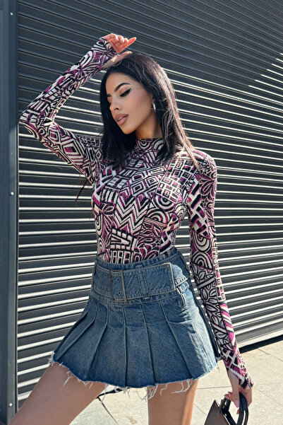 Yefrastore Kadın Pembe Çok Desenli Parmak Detaylı Dik Yaka Body