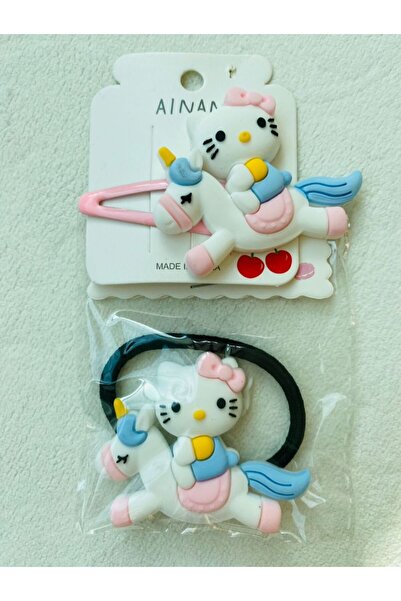 Zehra Aksesuar Unicornlu Hello Kitty model lastik ve çıtçıt toka 2'li set