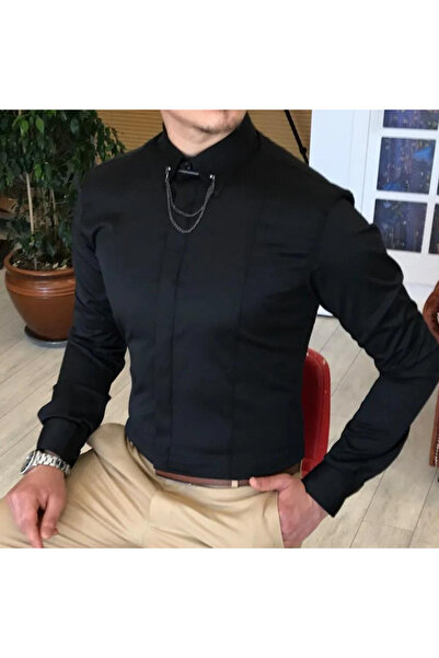 Genel Markalar Italyan Kesim Slim Fit Erkek Saten Siyah Zincirli Gömlek T4090