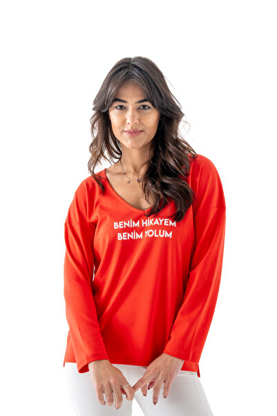 Üstü Yazılı Kadın V Yaka Uzun Kol Kırmızı Renk Yumuşak Dokulu T-shirt %100 Organik Pamuk