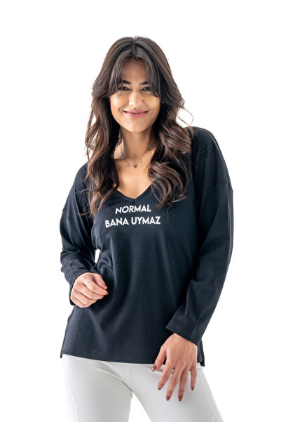 Üstü Yazılı Kadın V Yaka Uzun Kol Siyah Renk Yumuşak Dokulu T-shirt %100 Organik Pamuk