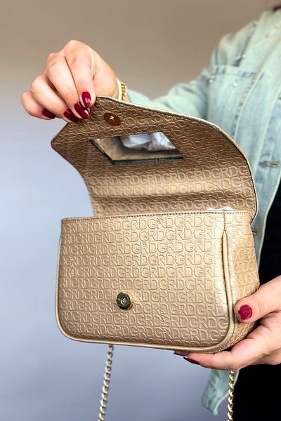 GALB LEATHER Geantă de umăr pentru femei, de calitate medie, cu model în relief, cu capac în oglindă și curea de lanț de aur, culoare bronz
