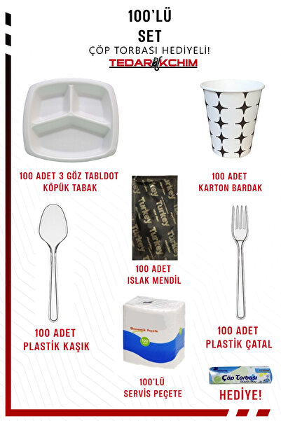 Koza End 100'lü Piknik Seti - 3 Göz Köpük Tabak - Plastik Çatal Kaşık - Karton Bardak - Islak Mendil - Peçete