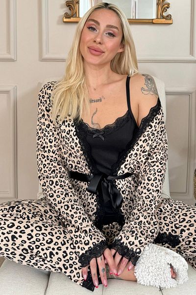 Pijamaevi Schwarzes Damen-Pyjama-Set mit Leopardenmuster und Bambusmantel