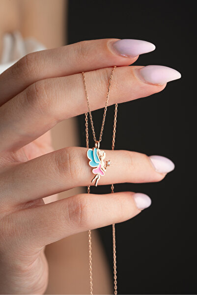 Nereze 925 Ayar Gümüş Rose Kaplama Renkli Mineli Peri Kolye