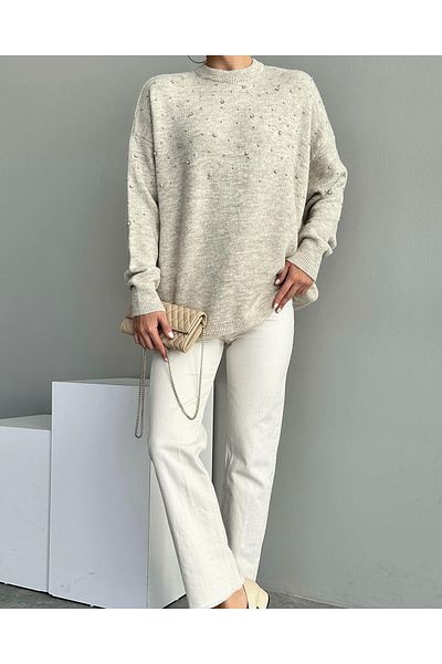 Qu Style Shiny Sweater with Stone Detail