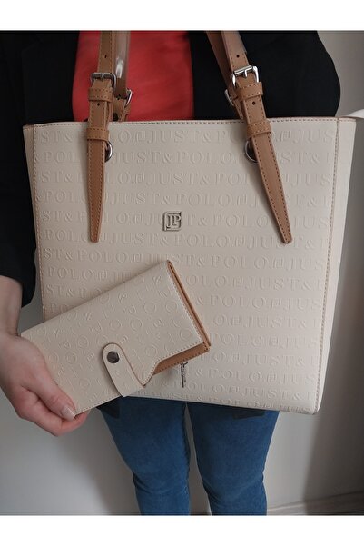 Just Polo حقيبة كتف نسائية كبيرة الحجم بلون كريمي تان ومحفظة