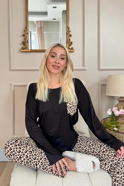 Pijamaevi Hnědé dámské pyžamo s dlouhým rukávem z bambusu s leopardím vzorem