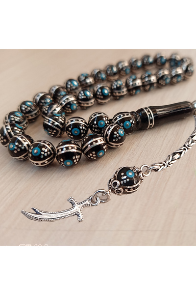 AbbasShop Gümüş ve Firuze İşlemeli Erzurum Oltu Taşı Tesbih
