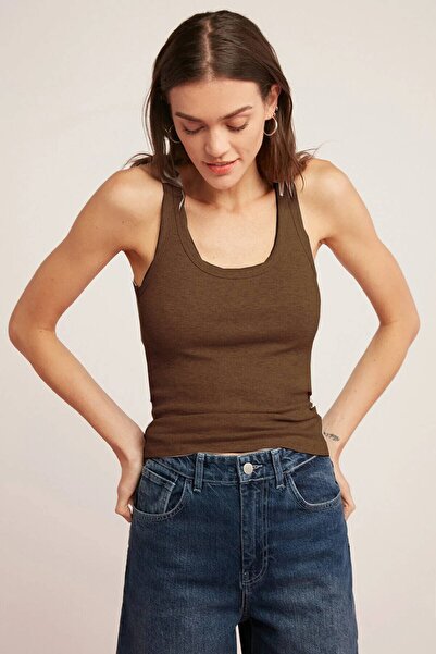 BURUTEKIN Kadın Fitilli Görünümlü Kalın Askılı Basic Gri Atlet