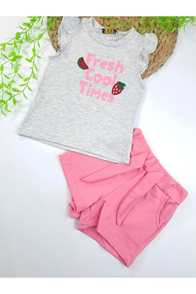 Butik شورت وردي للفتيات، تي شيرت رمادي، بدلة مزدوجة مع جيوب، تفاصيل الطباعة و...