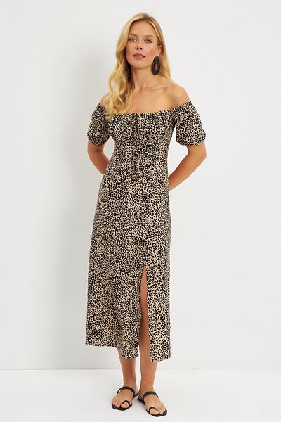 Cool & Sexy Kamel-schwarzes Midikleid mit Leopardenmuster für Damen KED0087-9