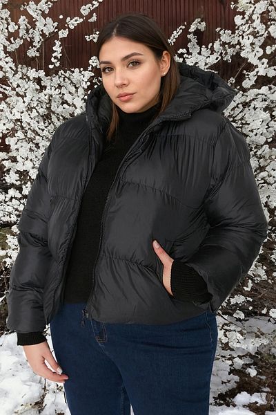 Trendyol Curve Μαύρη κουκούλα Puffer Crop Coat TBBAW23AW00012