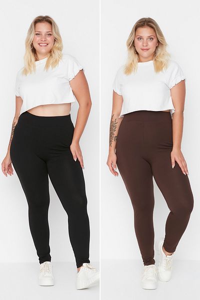Trendyol Curve Fekete-barna 2 csomagos magas derekú kötött nagy méretű leggings TBBSS22TA0057