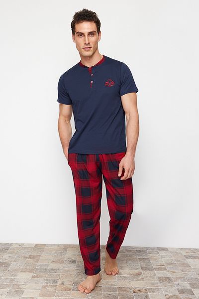 Trendyol Collection Sötétkék kockás kötött pizsama szett - normál szabású TMNSS24PT00037