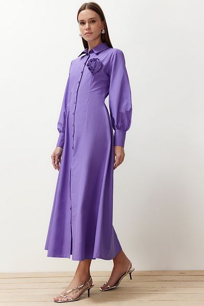 Trendyol Modest Lila virágos részletes gombos szőtt ingruha TCTSS24EB00029