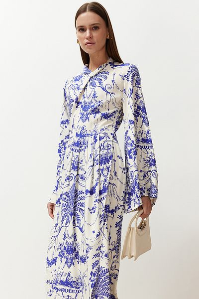 Trendyol Modest Sötétkék mintás gallér részlet széles ujjú viszkózus szőtt ruha TCTSS23EB00234