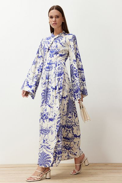 Trendyol Modest Sötétkék mintás gallér részlet széles ujjú viszkózus szőtt ruha TCTSS23EB00234