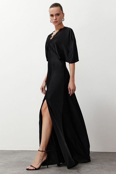 Trendyol Collection Satin Woven Black Long Evening Dress - Lace Detail, TPRSS24AE00037