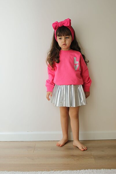 Kidsella KIZ ÇOCUK LOVE BASKILI SWEAT PLİSELİ GÜMÜŞ ETEKLİ TAKIM