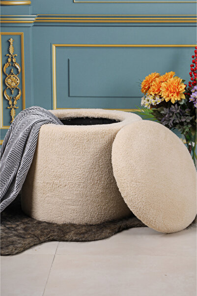PufyHome SANDIKLI 45 X 45 CM PELUŞ KREM KUMAŞLI ÇOK AMAÇLI PUF KOLTUK