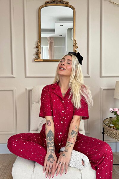 Pijamaevi Sada pyžamových pyžam s krátkým rukávem s krátkým rukávem vpředu se zapínáním na knoflíky klaret červené Mini s hvězdou