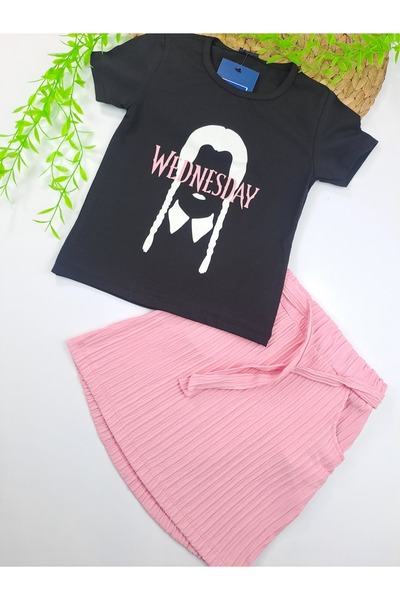 Butik Дівчачий комплект з рожевою спідницею та чорною футболкою з принтом