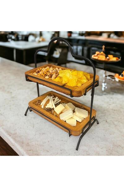 decorelax حامل عرض خشبي بطبقتين مع أرضية خشبية مقاس 15 × 27 سم وحامل معدني - نموذج 1 للحلويات والخدمة