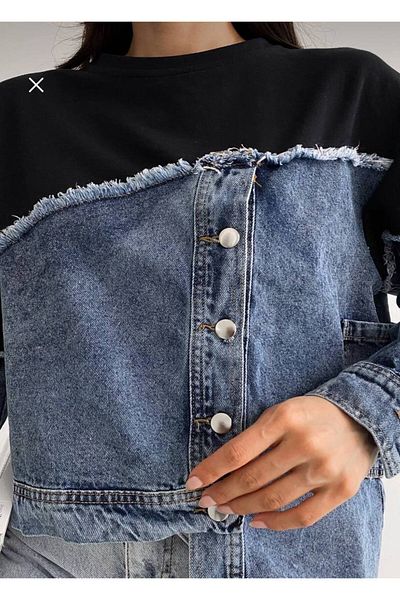 Cardella Blugi de denim asimetrici, cu nasturi, cu design detaliat, hanorac negru pentru femei