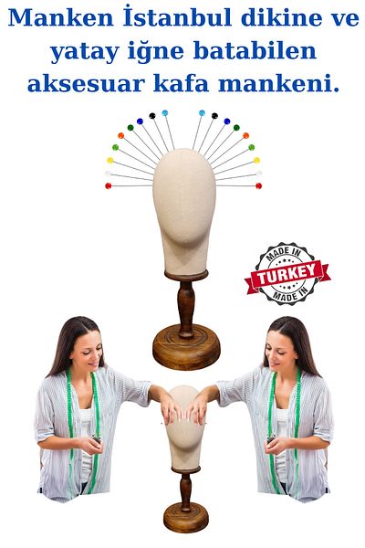 Manken İstanbul Upright and Horizontal Needle Covered Fabric with Wooden Stand Head Mannequin Wig Accessory Mannequin