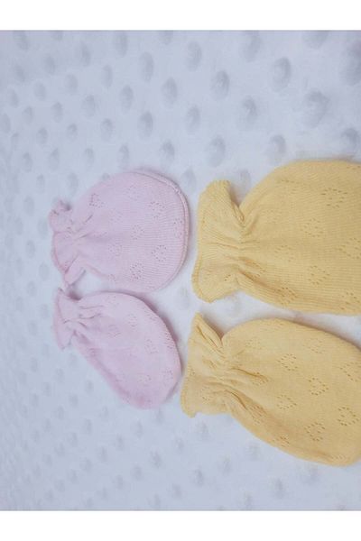 BERKAY 1 Pair Pink and 1 Pair Yellow Jacquard Cotton Baby Gloves