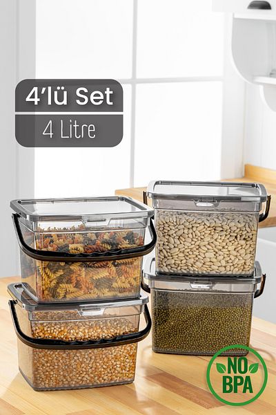 Vienev 4-Piece Mega Size Square Flour Pulses Container - 4 Liter Anthracite Detergent Storage Box with Handle