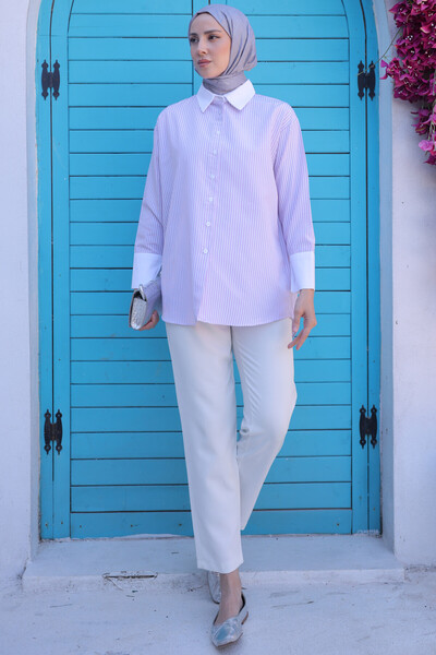 benguen 715 Striped Cuff Detailed Shirt Pink